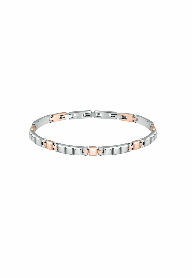 Bracciale in argento e oro rosa con anelli rettangolari e quadrati, caratterizzato da finiture lucide e testurizzate, che presenta un design moderno.