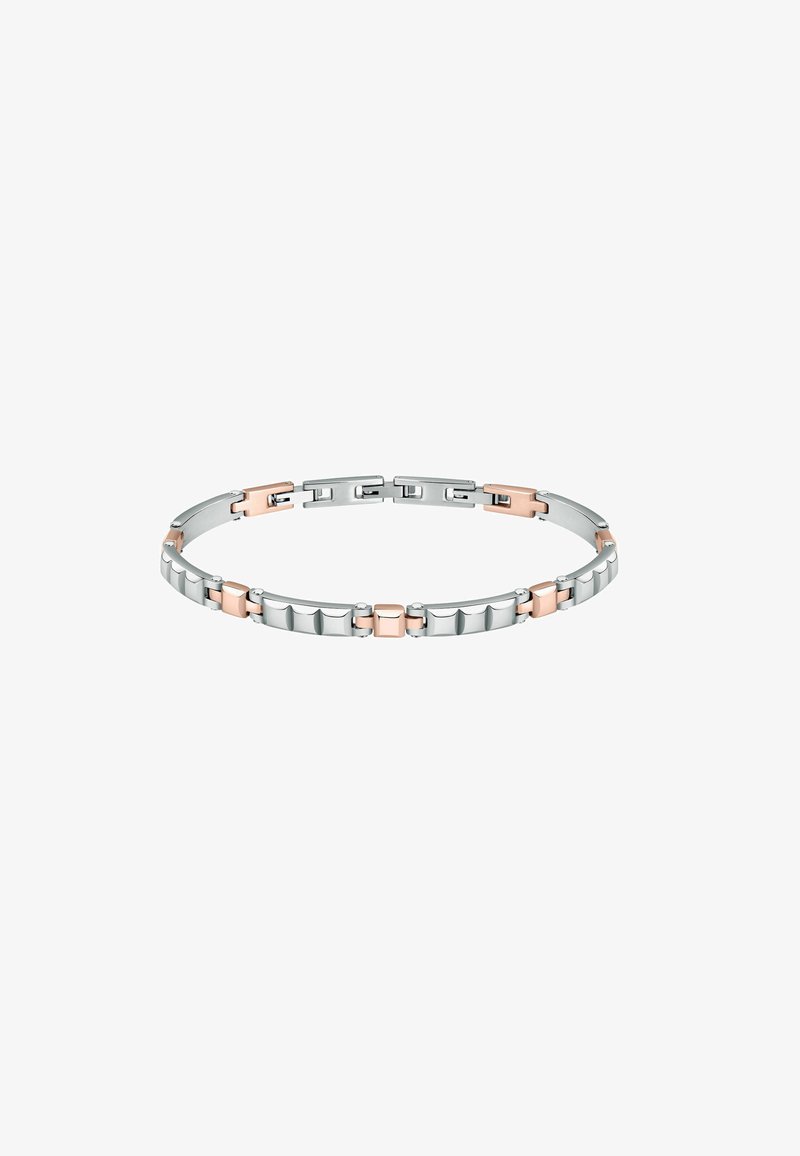 Bracciale in argento e oro rosa con anelli rettangolari e quadrati, caratterizzato da finiture lucide e testurizzate, che presenta un design moderno.