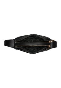 Schwarze Leder-Taillentasche mit strukturierter Oberfläche, die zwei Reißverschlussfächer und ein grün gemustertes Innenfutter aufweist.