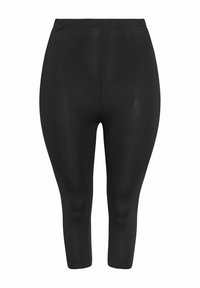 Zwarte, hoogtailles, nauwsluitende cropped leggings met een elastische tailleband, frontaal weergegeven op een witte achtergrond.