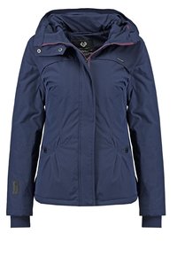 Giacca isolante blu navy con cappuccio, cerniera frontale e tasche con bottoni. Presenta una texture liscia e accenti di cerniera contrastanti in rosa.