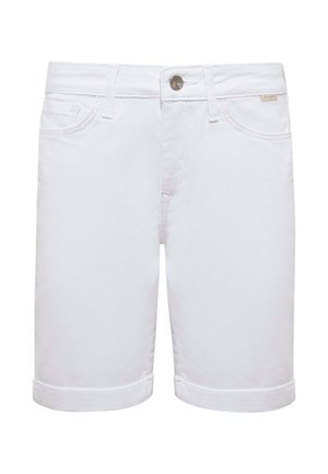 Weiße Denim-Shorts mit umgeschlagenen Säumen, Gürtelschlaufen, vorderem Knopf, Reißverschluss und Vordertaschen.