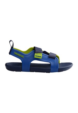 Niebiesko-zielona sandałka z odkrytymi palcami, regulowanymi paskami, teksturowaną podeszwą oraz logo "havaianas" na boku i klamrze paska.