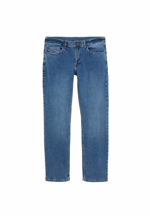 Blauwe spijkerbroek van denim met een recht model, vijf zakken en een klassieke knoop- en ritsluiting. Middelmatig gewassen met subtiele vervaging.