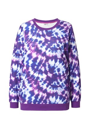 Paarse tie-dye sweatshirt met een ronde halslijn, lange mouwen en geribbelde manchetten met spatten van blauwe en witte patronen.