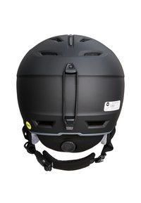 Mattschwarzer Helm mit Belüftungsöffnungen, verstellbarem Riemen, MIPS-Label an der Seite und einem Drehregler zur Anpassung der Passform auf der Rückseite.