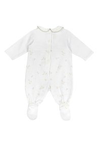 Body neonato bianco con maniche lunghe, caratterizzato da un colletto arricciato e chiusura con bottoni. Un delicato motivo a stelle decora il tessuto. Design con piedi.
