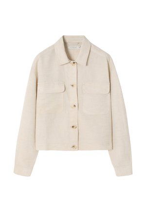 Giacca in lino beige con colletto, chiusura frontale a bottoni, due tasche sul petto e maniche lunghe. Tessuto leggero e texture.