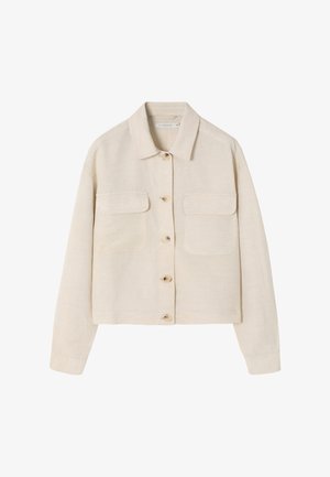 Chaqueta de lino beige con collar, cierre frontal de botones, dos bolsillos en el pecho y mangas largas. Tejido texturizado y ligero.