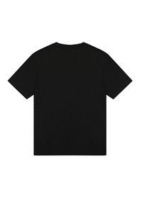 Camiseta de algodón negra con mangas cortas, cuello redondo y corte recto. Textura suave, sin patrones o acentos visibles.
