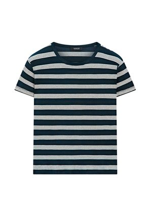 Navyblauw T-shirt met korte mouwen, gelijkmatig verdeelde witte horizontale strepen en een ronde hals.