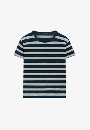 Navyblauw T-shirt met korte mouwen, gelijkmatig verdeelde witte horizontale strepen en een ronde hals.