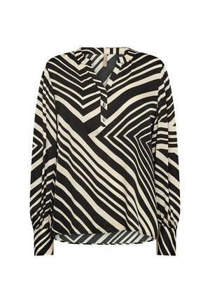 Blusa a maniche lunghe in nero e crema con un motivo a zigzag, dotata di colletto a scollatura a V e chiusura con bottoni, realizzata in un tessuto leggero e morbido.