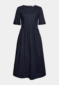 Robe midi bleu marine avec corsage ajusté, encolure ronde, manches aux coudes et jupe froncée, présentée sur fond uni.