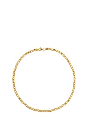 Gold chain necklace with oval links arranged in a circular shape, featuring a spring ring clasp on a white background.