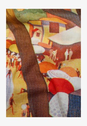 Section of printed fabric showing a village scene with trees, houses, and small human figures in warm autumn colors.