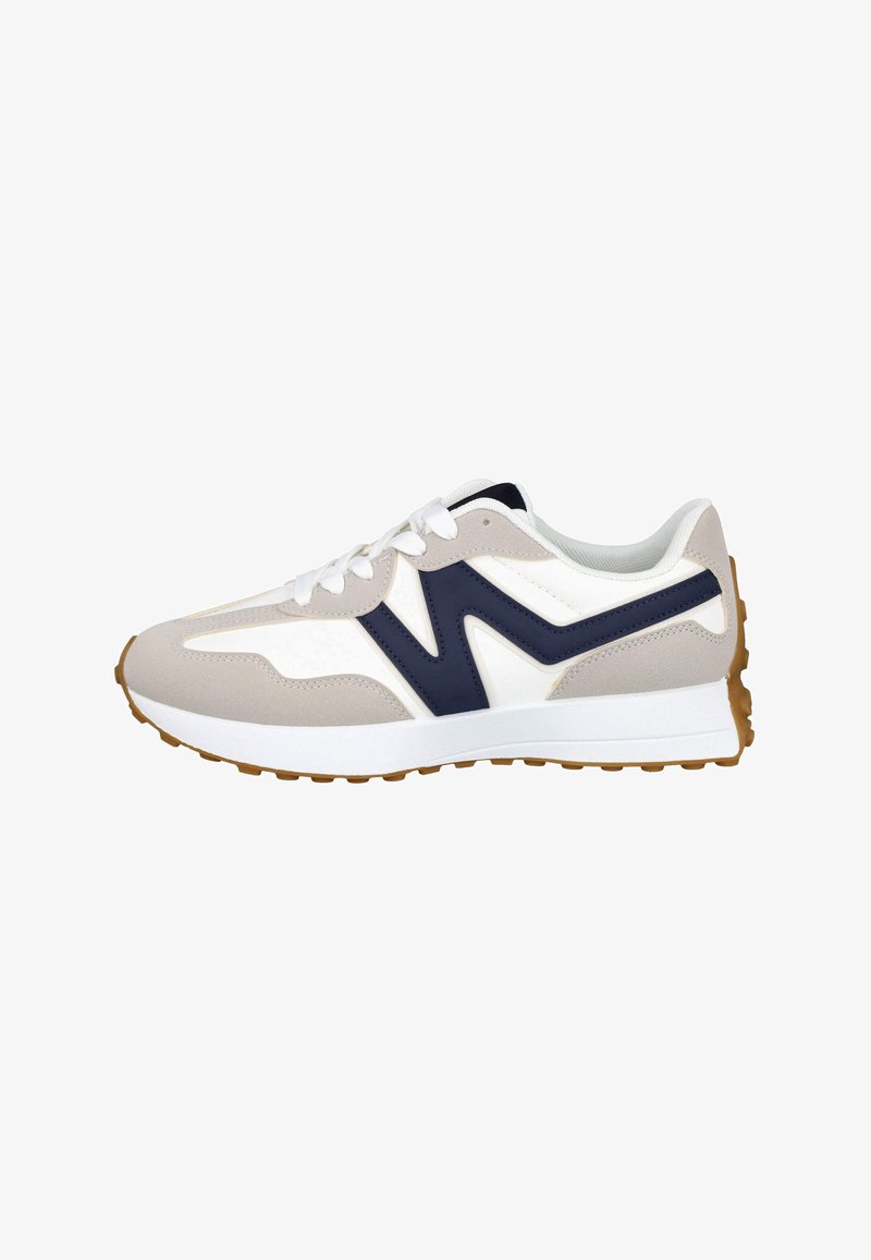 Zapatillas deportivas con parte superior de malla blanca con detalles en gris y azul marino, suela de goma texturizada y diseño de punta redondeada. Incluyen cordones.
