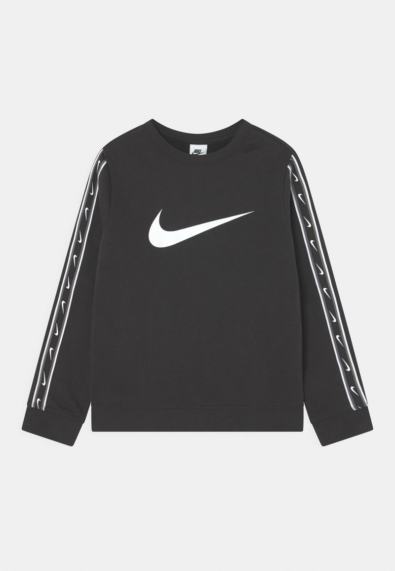 Black sweatshirt with long sleeves, featuring a large white Nike logo on the chest and white striping with small logos down the sleeves.
