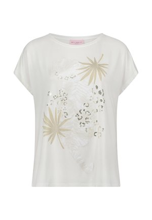 Chemise blanche à manches courtes avec des feuilles de palmier beige subtilement dessinées et des accents brillants à imprimé léopard sur le devant.