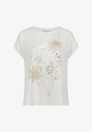 Chemise blanche à manches courtes avec des feuilles de palmier beige subtilement dessinées et des accents brillants à imprimé léopard sur le devant.