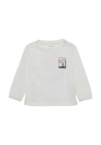 Witte lange mouwen shirt van katoen, met een roze hond grafiek op het voorzakgebied en drukknoopsluitingen op de schouder.