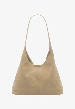 Beżowa torba na ramię z zamszu z pojedynczym paskiem, szerokim trójkątnym kształtem oraz subtelnym logo OCHNIK w dolnej części na środku.