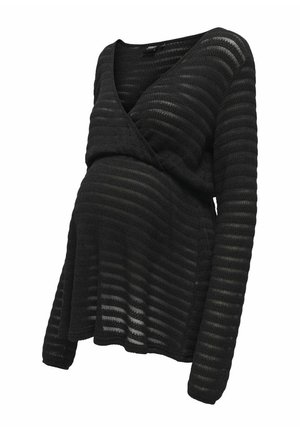 Haut de maternité noir à manches longues avec des rayures horizontales transparentes et un décolleté en V style cache-cœur à l'avant.