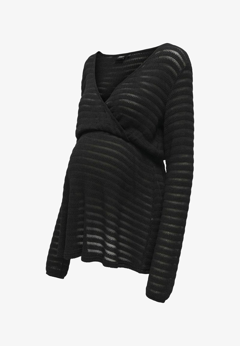 Haut de maternité noir à manches longues avec des rayures horizontales transparentes et un décolleté en V style cache-cœur à l'avant.