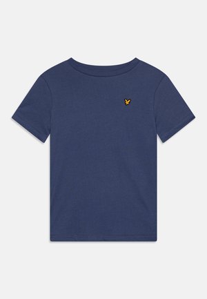 Marineblauw T-shirt met korte mouwen, een ronde hals en een klein geel vogel-logo op de linkerborst.