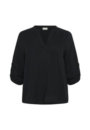 Schwarze, leichte Bluse mit V-Ausschnitt, Dreiviertelärmeln und aufgerollten Manschetten. Verfügt über einen strukturierten Stoff und ein lockeres Design.