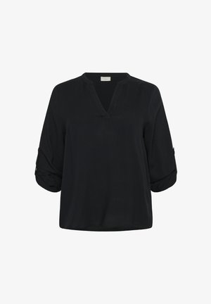 Must värvi kerge pluus V-kaelusega, kolmeveerandi varrukatega ja rullitud mansettidega. Omab tekstuurset kangast ja laia lõike disaini.