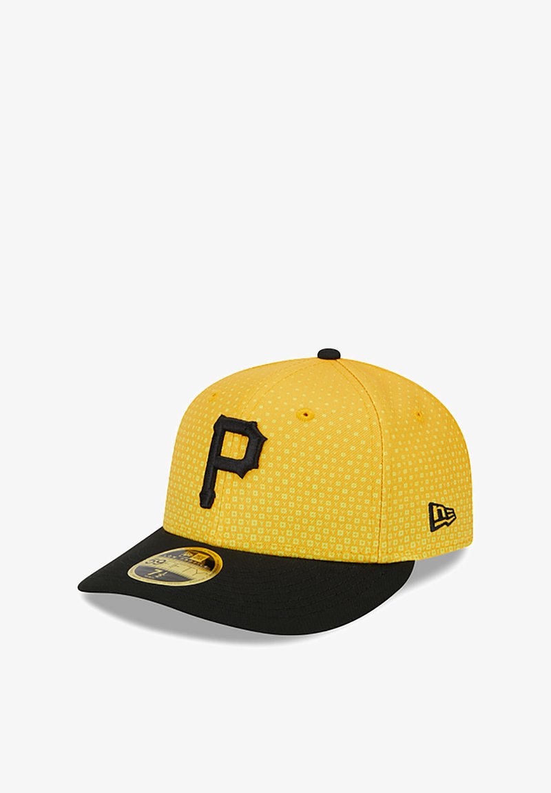 Yellow baseball cap with black visor, featuring a textured pattern and an embossed "P" logo on the front. New Era logo on side.
