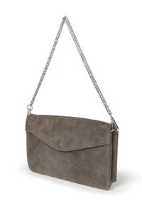 Gray suede clutch bag with a fold-over flap, silver chain strap, and a logo detail. Features a smooth texture and minimalist design.