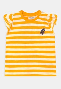 Camisa de mangas curtas às riscas amarelas e brancas, com detalhes franzidos nos ombros e um bordado de folha azul-marinho no peito. Tecido de algodão.