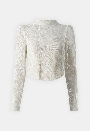 Haut en crochet à manches longues en ivoire avec des motifs paisley ornés, col montant et design court mettant en valeur une texture en dentelle complexe.