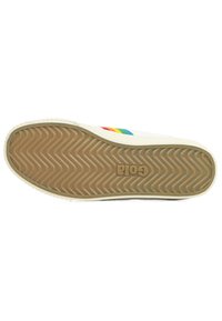 Zapatilla con parte superior de lona blanca que presenta una franja multicolor. Suela de goma con un patrón de espiga y la marca "Gola" en la parte inferior.
