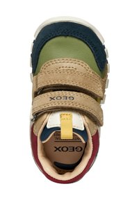 Zapatilla multicolor con piel verde, azul marino y marrón, que presenta detalles de ante, dos cintas de velcro y una suela de goma. Logo visible en el interior.