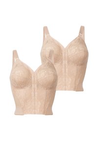 Due reggiseni beige in pizzo a lunga linea con spalline regolabili e motivo floreale, mostrati su uno sfondo bianco.