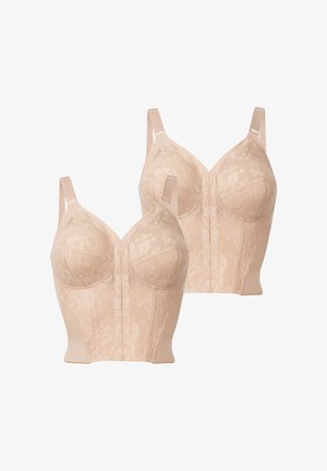 Zwei beige Spitzenslips mit verstellbaren Trägern und floralem Muster, auf weißem Hintergrund dargestellt.