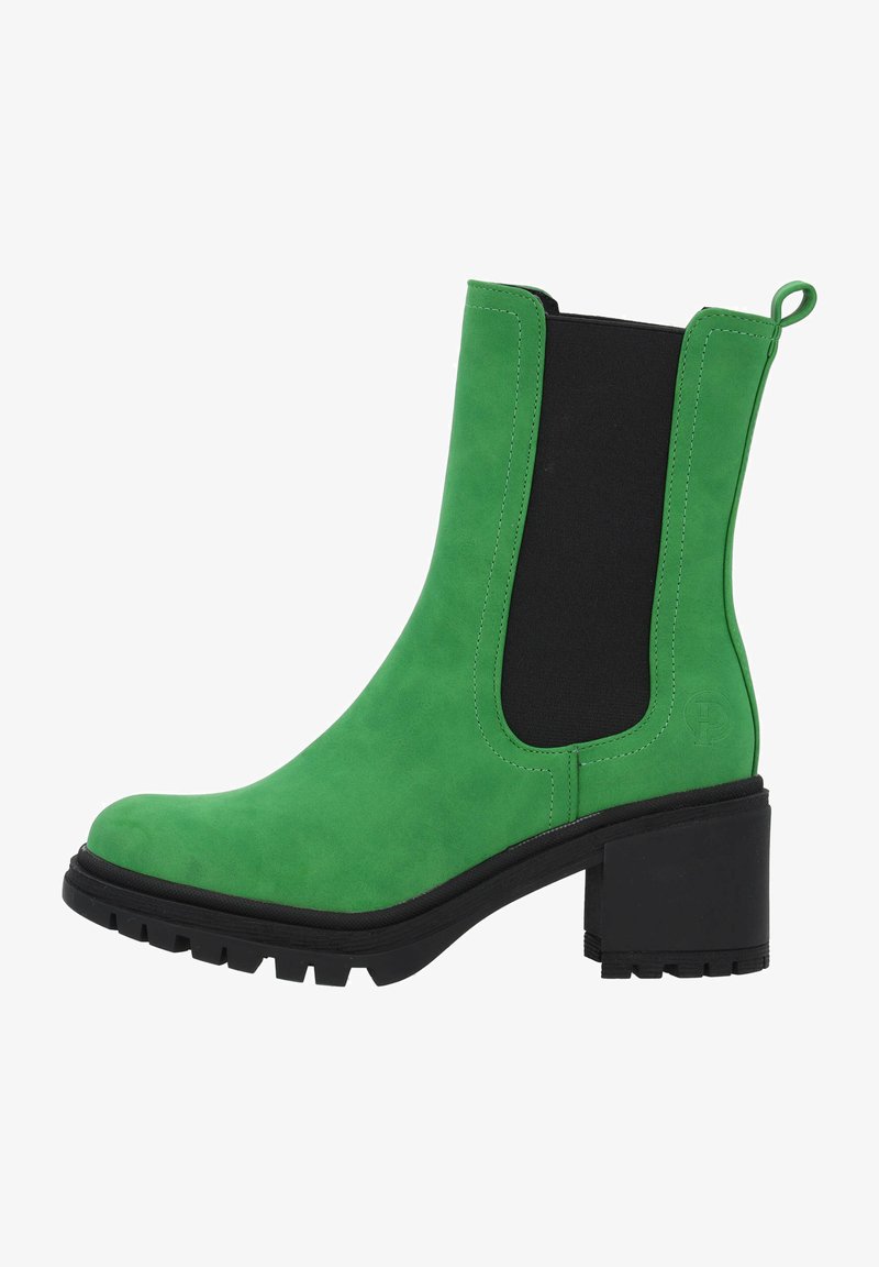 Gröna mocka ank stövlar med svart elastisk sidopanel, kraftig svart klack och texturerad sula för bra grepp. Dragflik baktill.