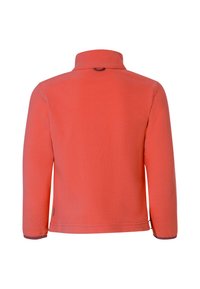 Fleece tipo džemperis, oranžinės spalvos, aukštas apykaklė, ilgomis rankovėmis, lygus audinys, subtilus siuvimo detalės, ir logotipo akcentas ant apykaklės.
