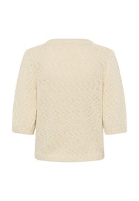 Pull tricoté couleur crème à manches trois-quarts vu de dos, avec un motif texturé simple.