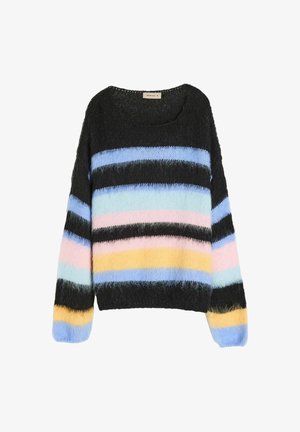 Czarny sweter w paski z poziomymi paskami w jasnym niebieskim, różowym i żółtym kolorze. Miękka, puszysta struktura, okrągły dekolt i długie rękawy.