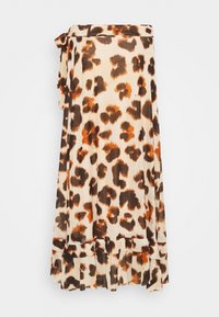 Leopardmönstrad omslagskjol i krämfärg med bruna och rostfärgade mönster, en volangkant och en sidobinda stängning. Lättvikts tyg.