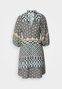 Robe avec des motifs géométriques et circulaires en noir, blanc, jaune et bleu, avec des manches longues bouffantes et un col en V.