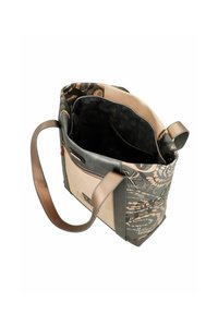 Tote-Bag mit strukturiertem Design, aus braunem und beigem Stoff mit abstrakten Mustern und schwarzen Lederakzenten. Verstellbarer Riemen enthalten.
