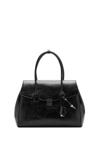 Sac à main en cuir noir au design structuré, avec un rabat, des poignées doubles et un accent de serrure. Texture lisse avec un matériel minimal.