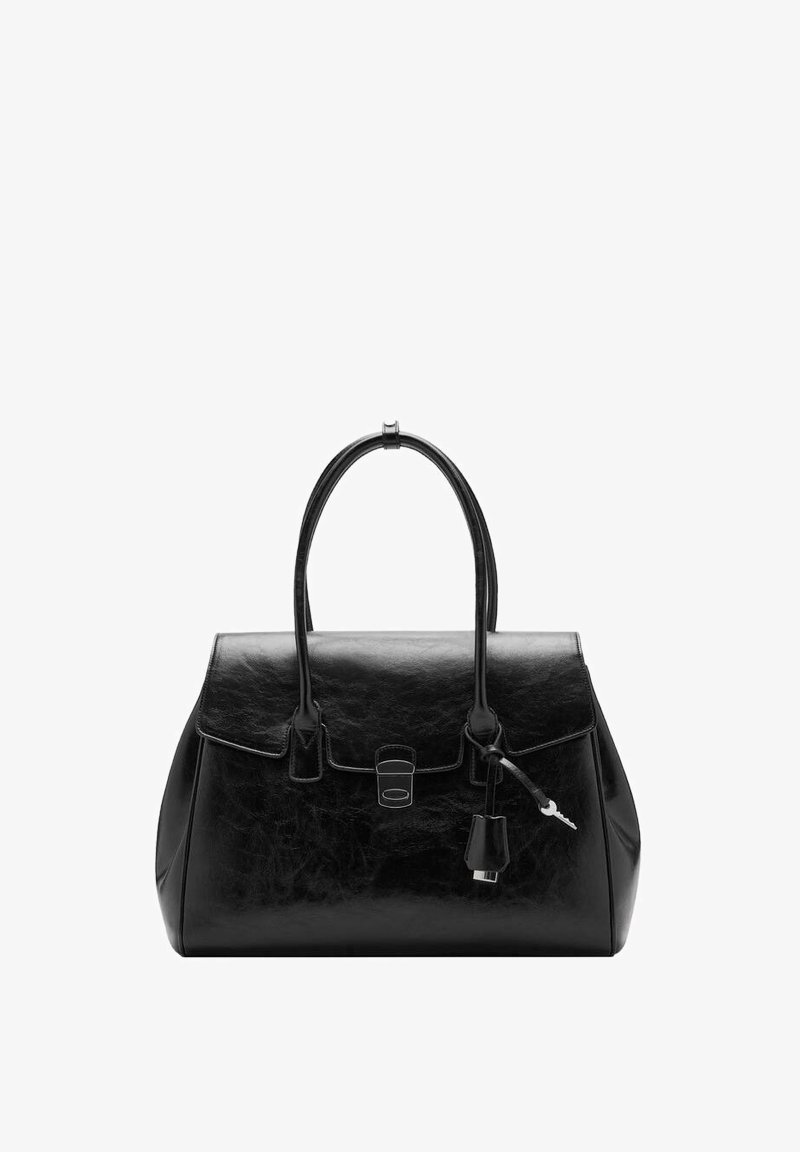 Black leather handbag with a structured design, featuring a flap closure, dual handles, and a lock accent. Smooth texture with minimal hardware.