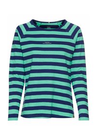 Gestreepte longsleeve shirt in groen en marineblauw. Gemaakt van zachte stof, heeft een relaxte pasvorm en een kleine tekstdetail op de voorkant.