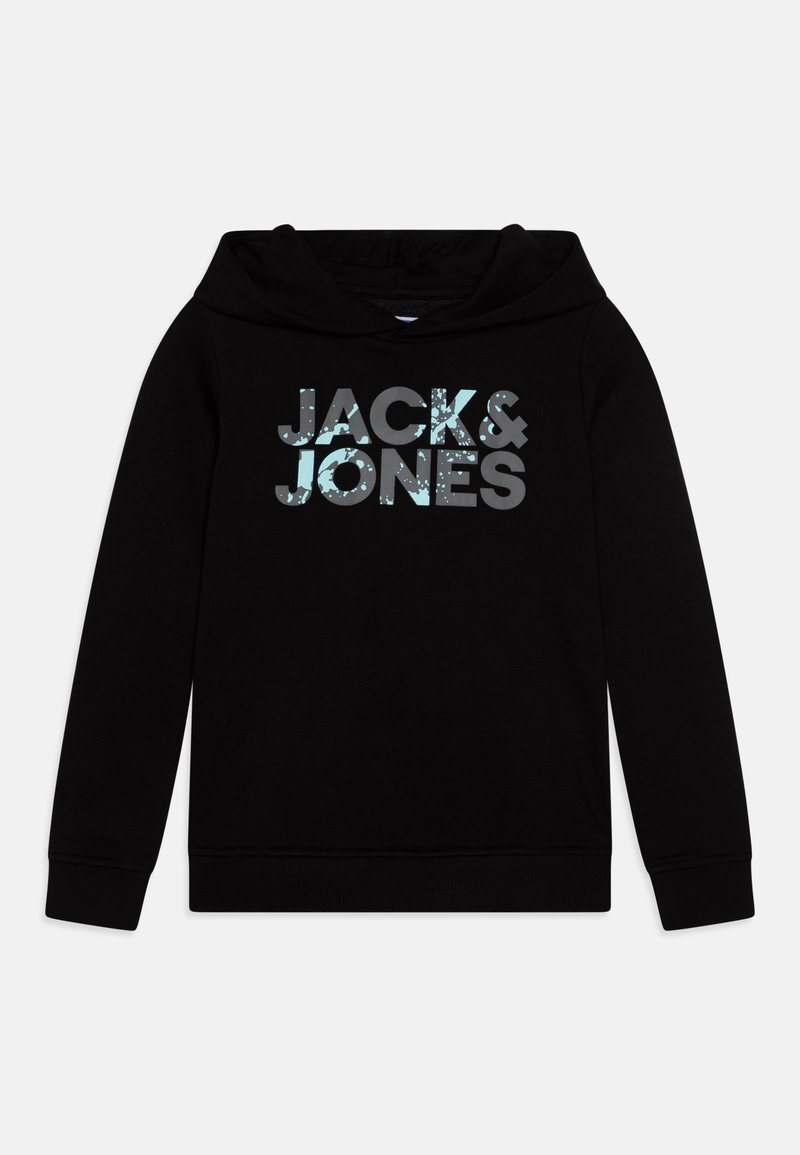 Schwarzer Kapuzenpullover mit einem großen "JACK&JONES"-Logo in Grau mit türkisfarbenen Akzenten. Weicher Stoff, lange Ärmel und eine bequeme Kapuze.